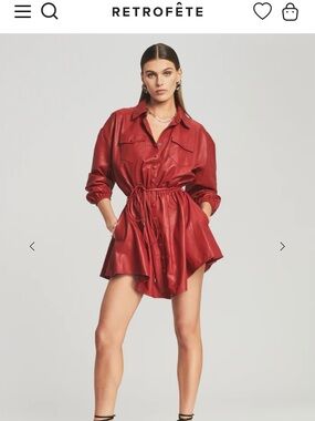 Retrofête Red Long-Sleeve Leather Shirt Dress